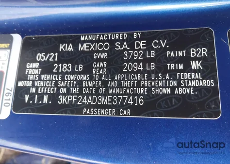 2021 Kia Forte Lxs z USA, uszkodzony, nr VIN 3KPF24AD3ME377416